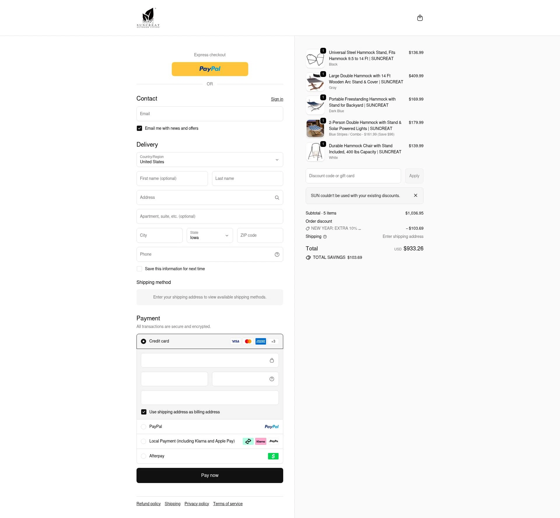 SUNCREAT checkout page showing SUNCREAT promo code box | Screenshot taken by SimplyCodes community member on Jan 7, 2026