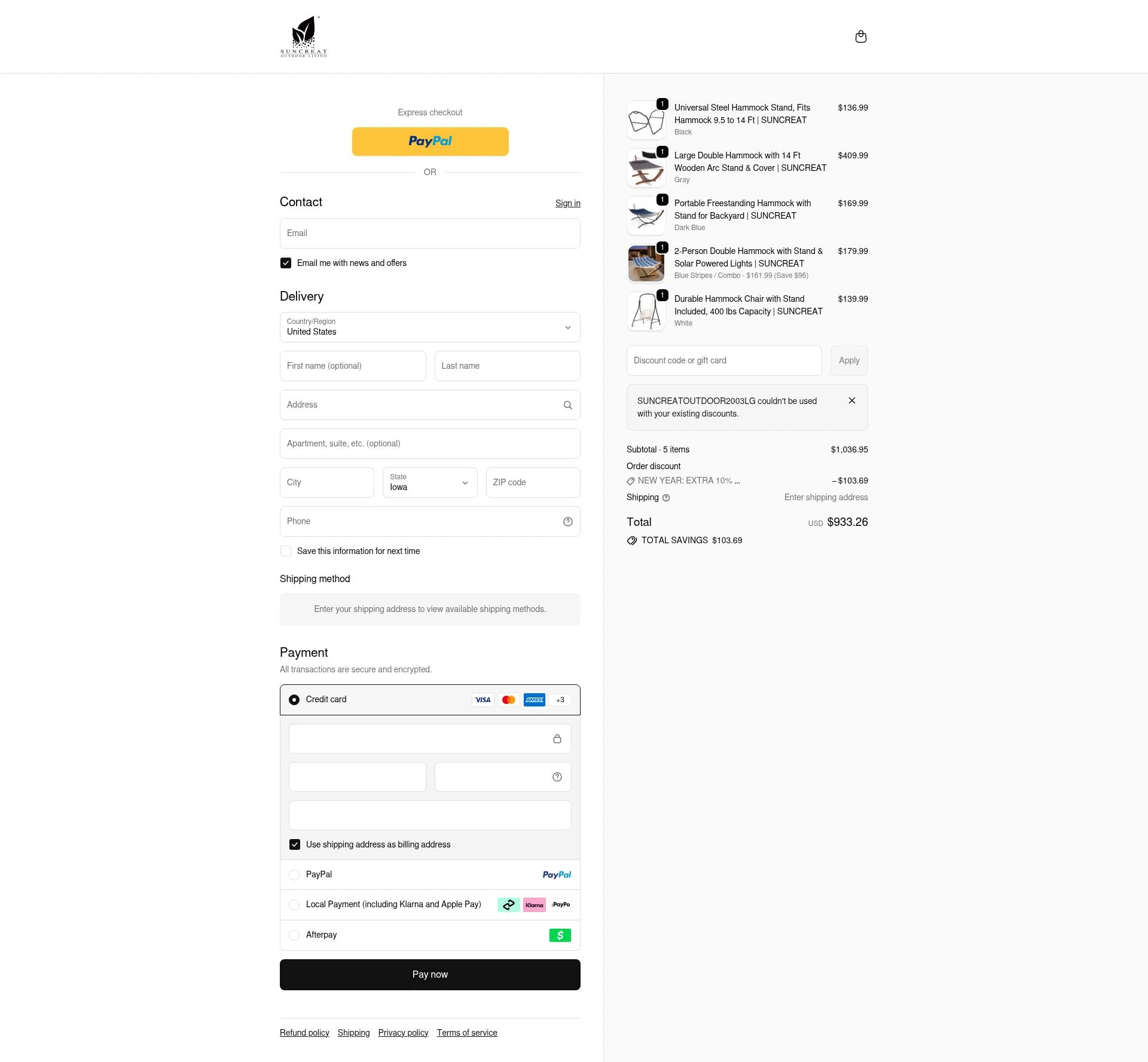 SUNCREAT checkout page showing SUNCREAT promo code box | Screenshot taken by SimplyCodes community member on Jan 7, 2026