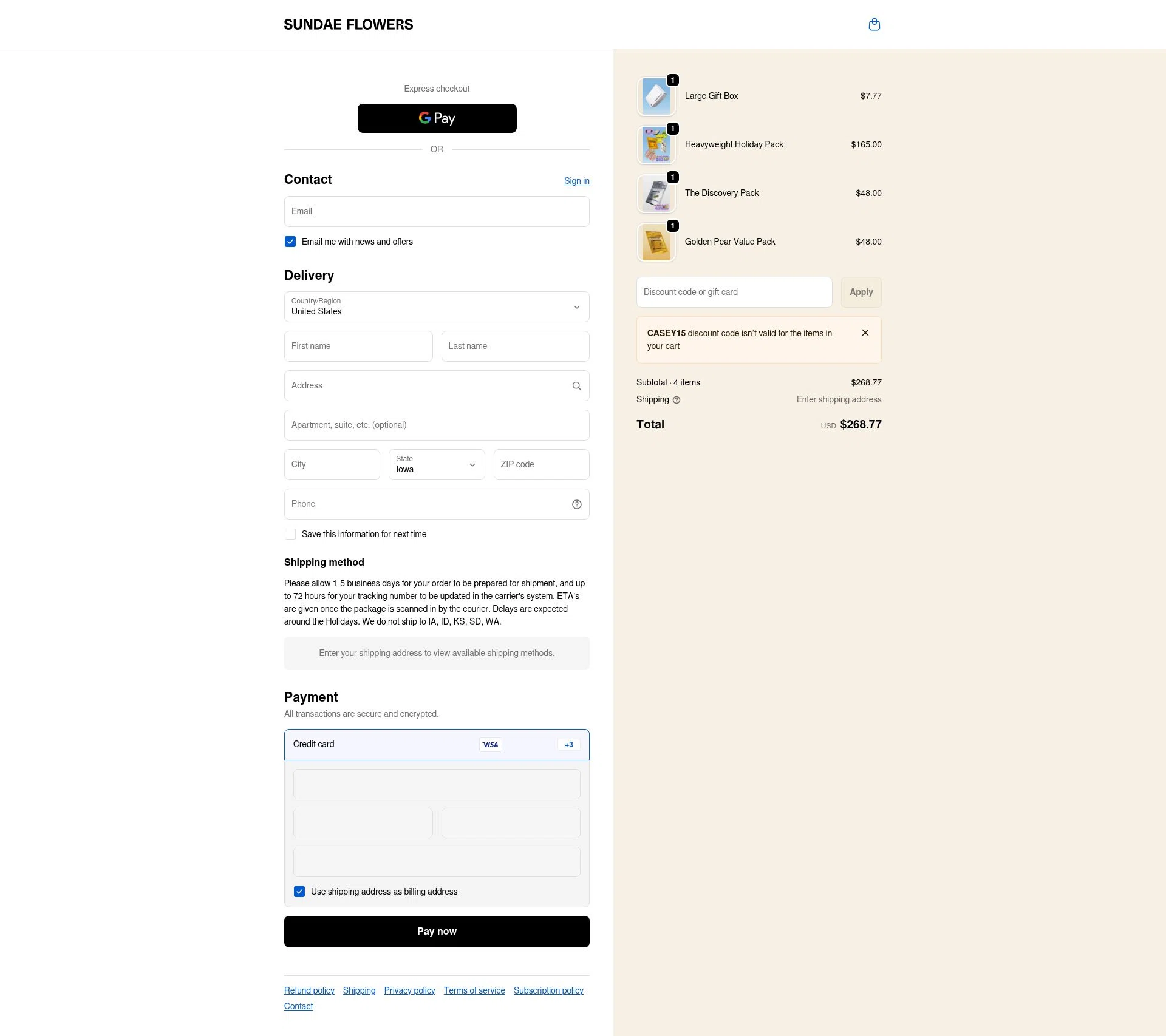 Sundae Flowers checkout page showing Sundae Flowers discount code box | Screenshot taken by SimplyCodes community member on Dec 20, 2025