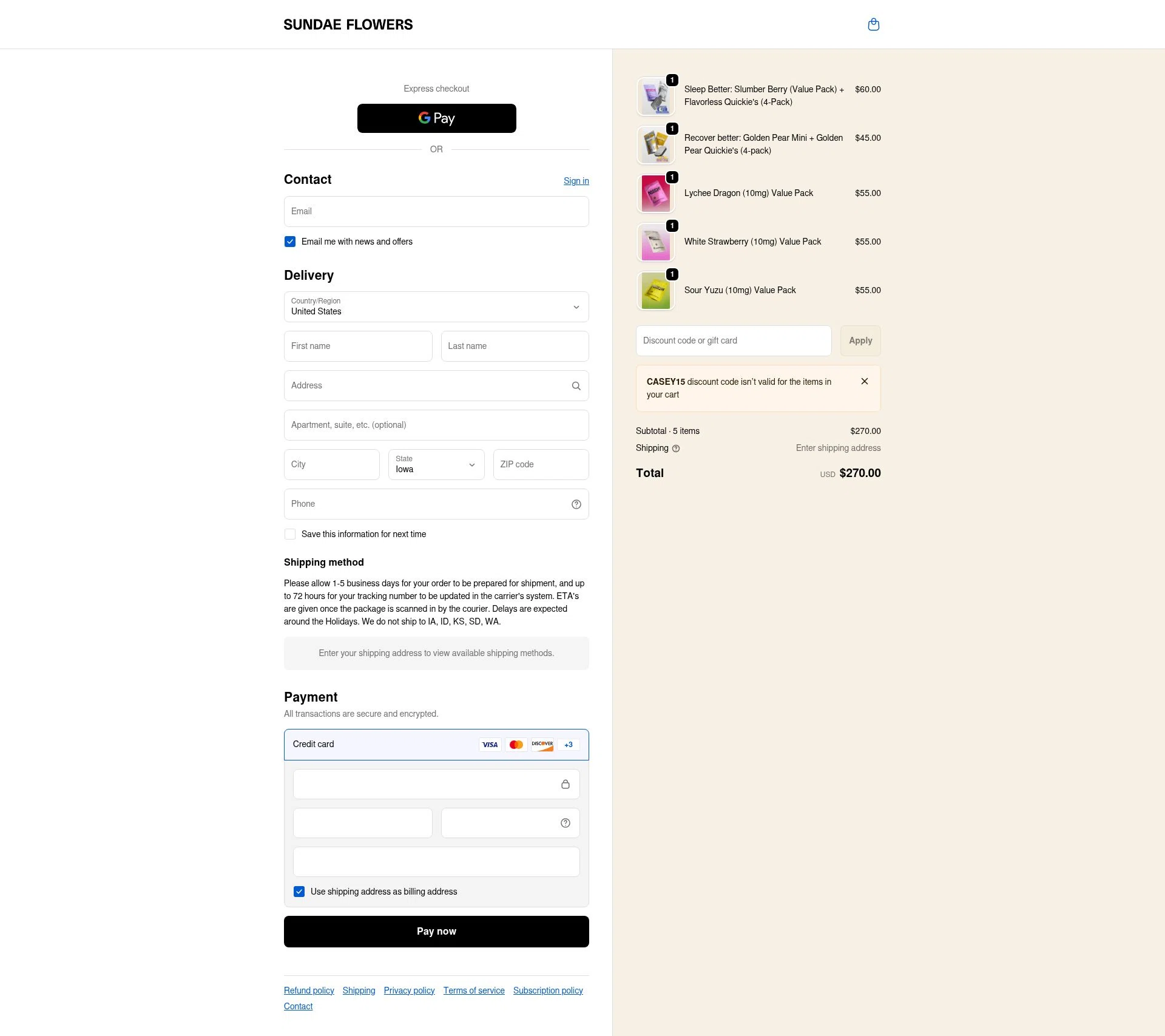 Sundae Flowers checkout page showing Sundae Flowers discount code box | Screenshot taken by SimplyCodes community member on Jan 19, 2026