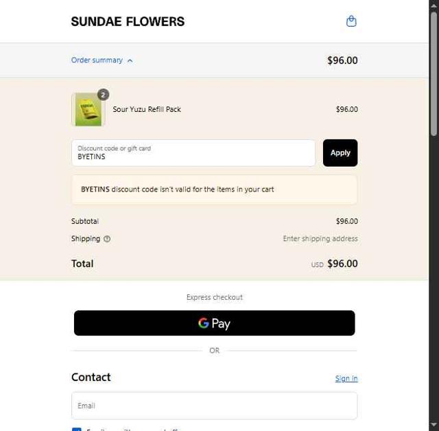 Sundae Flowers checkout page showing Sundae Flowers discount code box | Screenshot taken by SimplyCodes community member on Sep 15, 2025