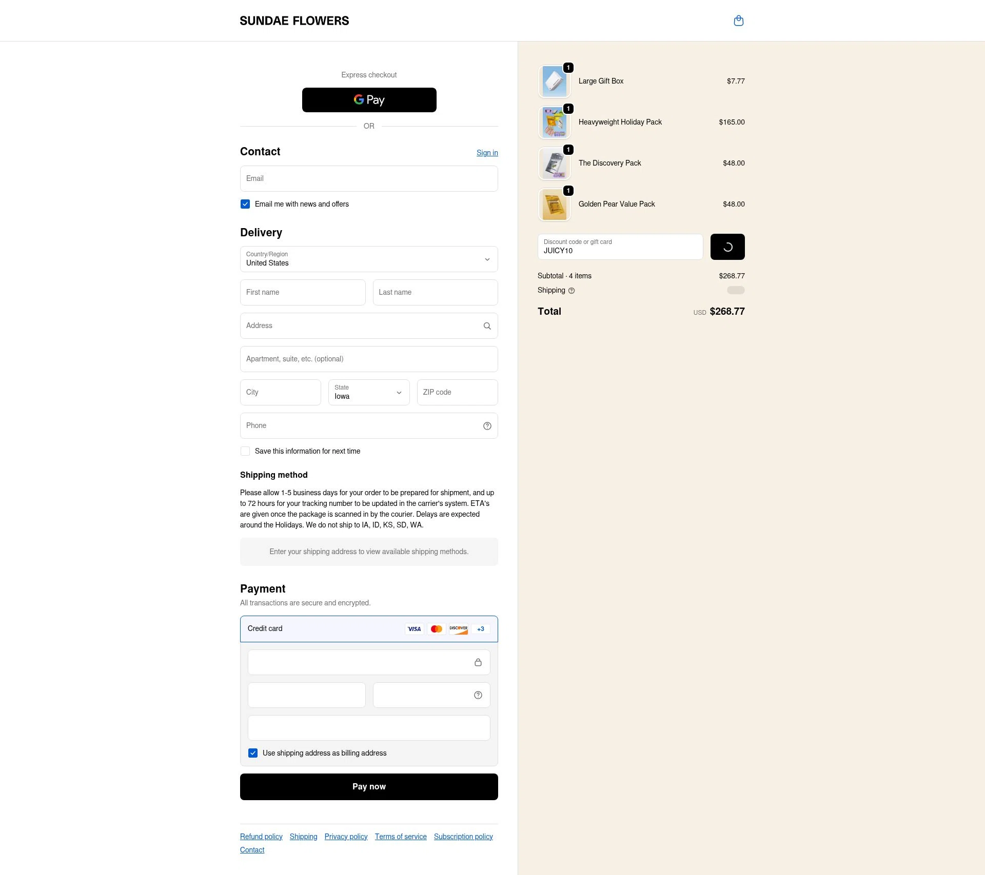 Sundae Flowers checkout page showing Sundae Flowers discount code box | Screenshot taken by SimplyCodes community member on Dec 25, 2025