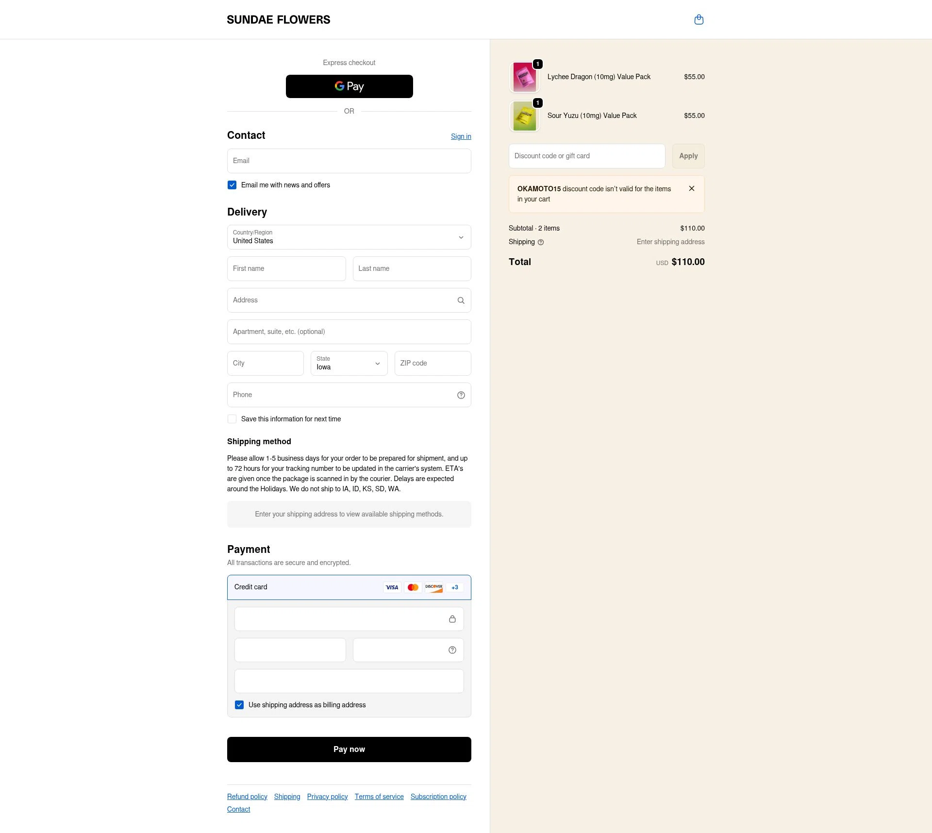 Sundae Flowers checkout page showing Sundae Flowers discount code box | Screenshot taken by SimplyCodes community member on Feb 8, 2026