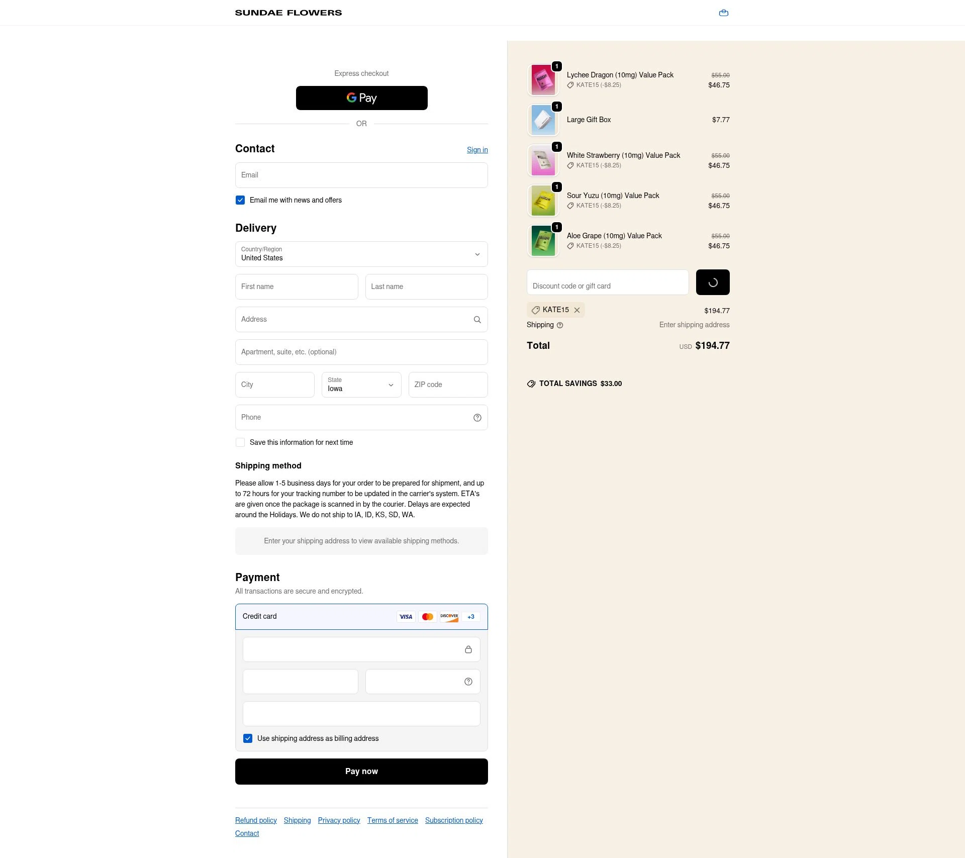 Sundae Flowers checkout page showing Sundae Flowers discount code box | Screenshot taken by SimplyCodes community member on Jan 14, 2026