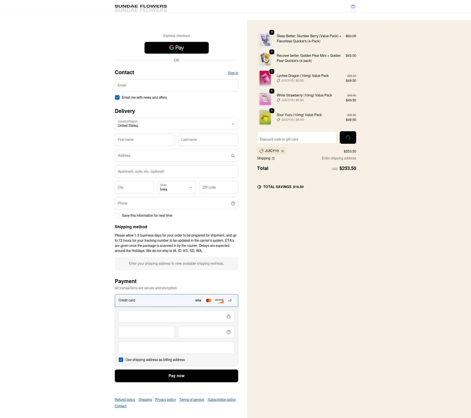 Sundae Flowers checkout page showing Sundae Flowers discount code box | Screenshot taken by SimplyCodes community member on Jan 19, 2026