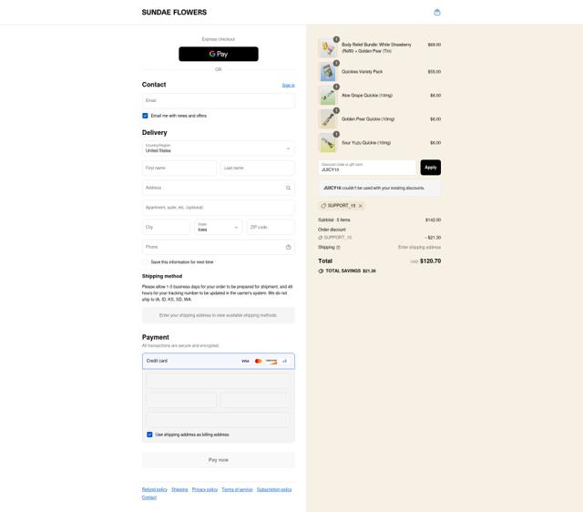 Sundae Flowers checkout page showing Sundae Flowers discount code box | Screenshot taken by SimplyCodes community member on Sep 10, 2025