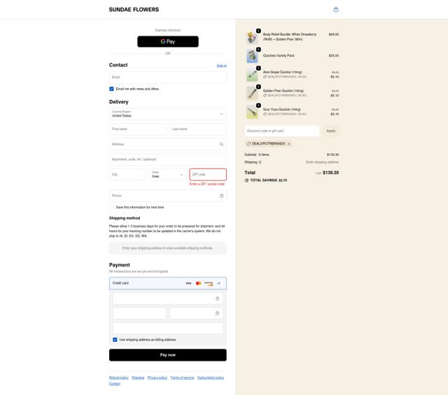 Sundae Flowers checkout page showing Sundae Flowers discount code box | Screenshot taken by SimplyCodes community member on Sep 23, 2025
