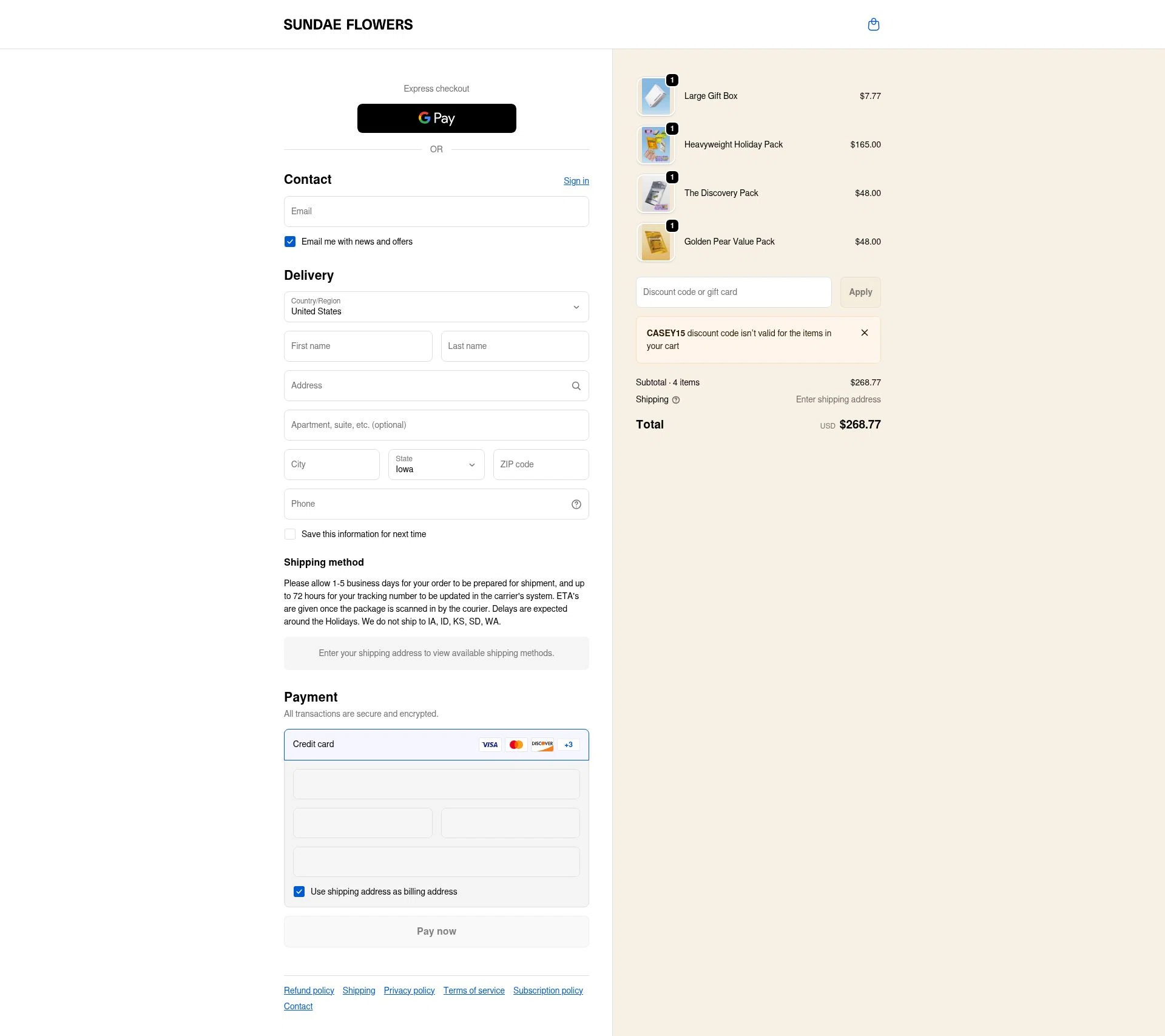 Sundae Flowers checkout page showing Sundae Flowers discount code box | Screenshot taken by SimplyCodes community member on Dec 25, 2025