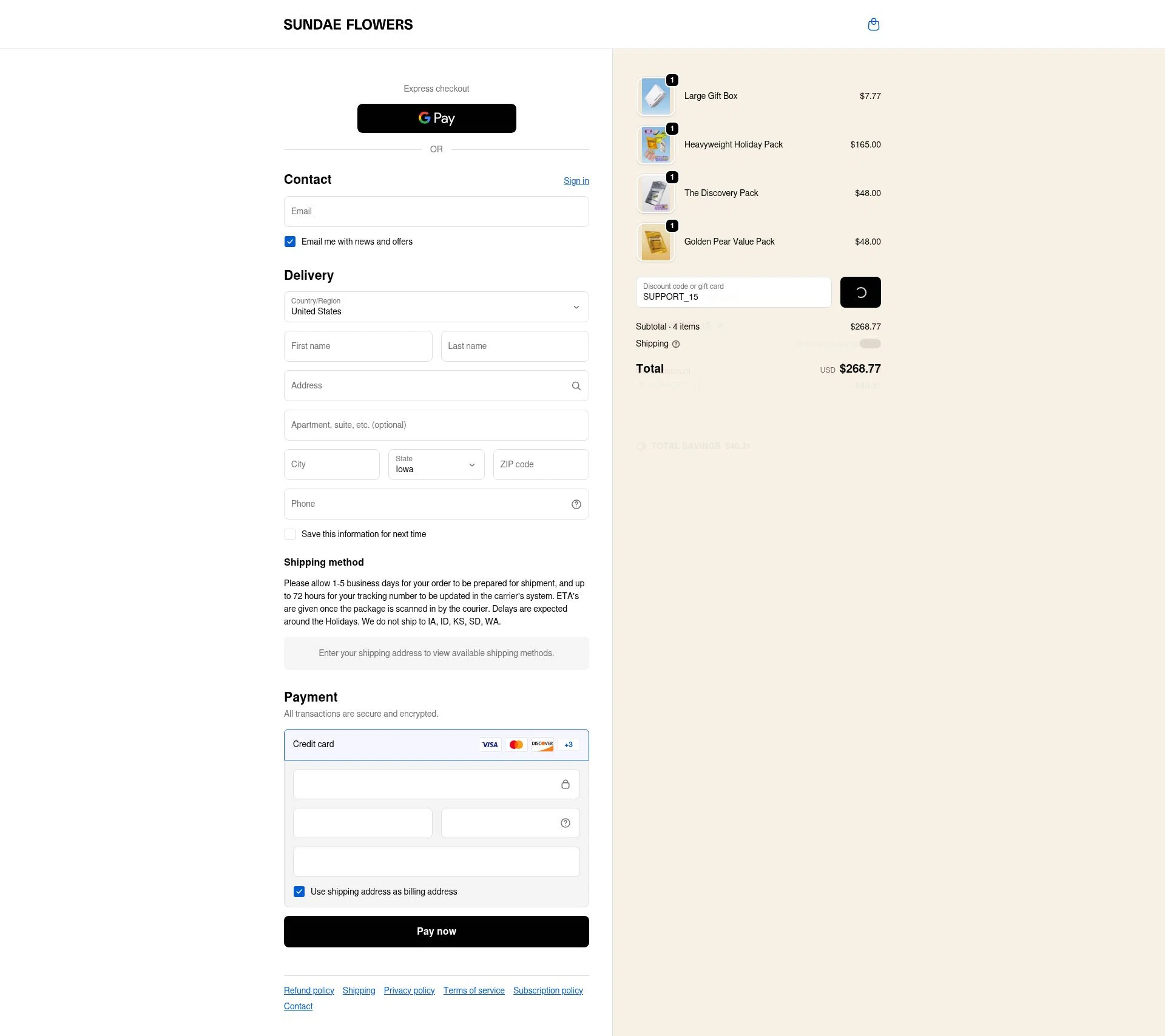Sundae Flowers checkout page showing Sundae Flowers discount code box | Screenshot taken by SimplyCodes community member on Dec 20, 2025