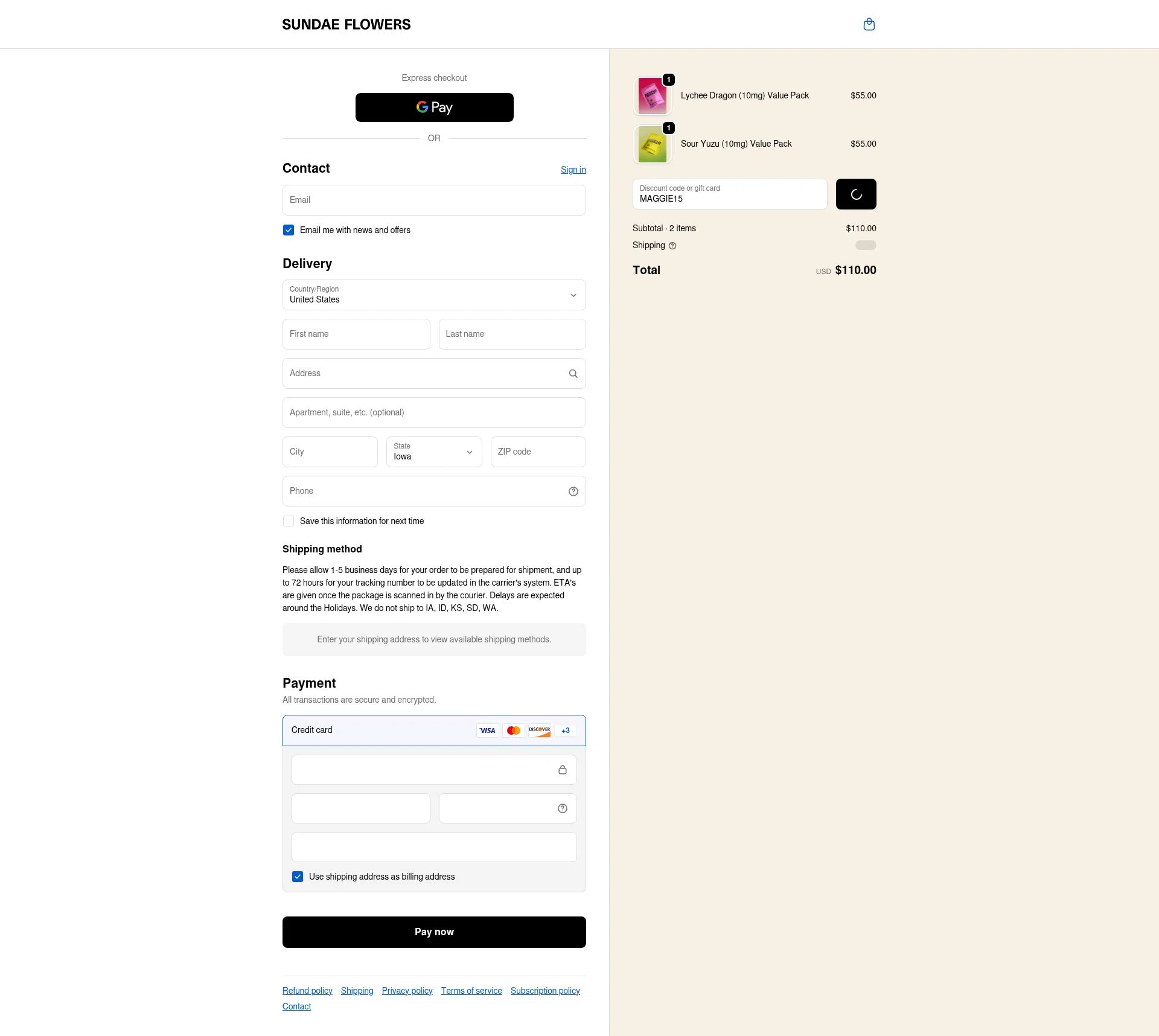 Sundae Flowers checkout page showing Sundae Flowers discount code box | Screenshot taken by SimplyCodes community member on Feb 11, 2026