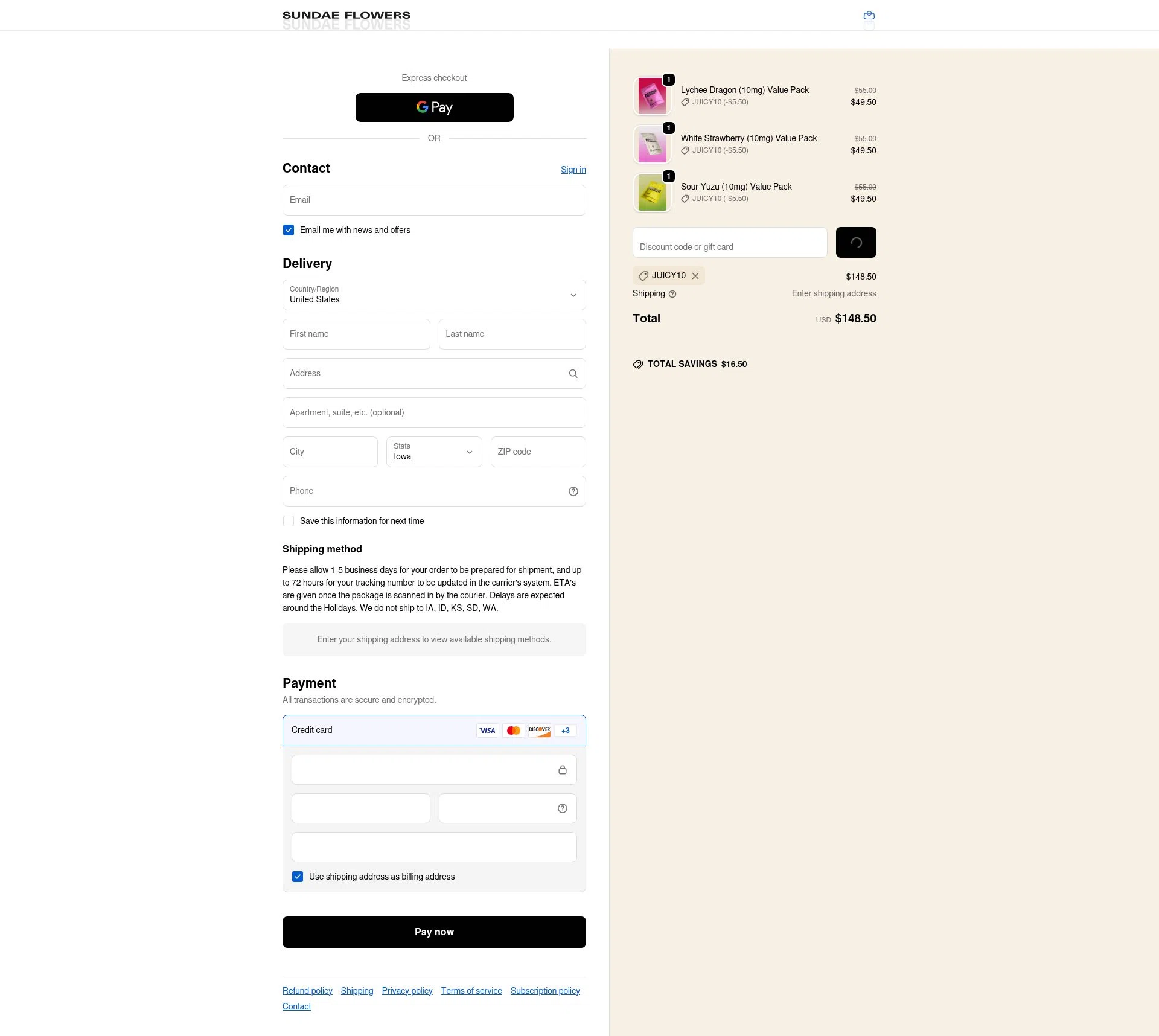 Sundae Flowers checkout page showing Sundae Flowers discount code box | Screenshot taken by SimplyCodes community member on Feb 13, 2026