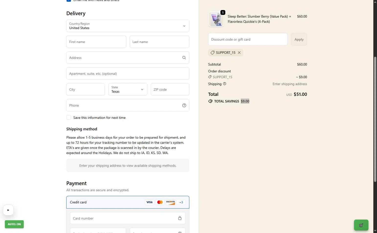 Sundae Flowers checkout page showing Sundae Flowers discount code box | Screenshot taken by SimplyCodes community member on Jan 20, 2026