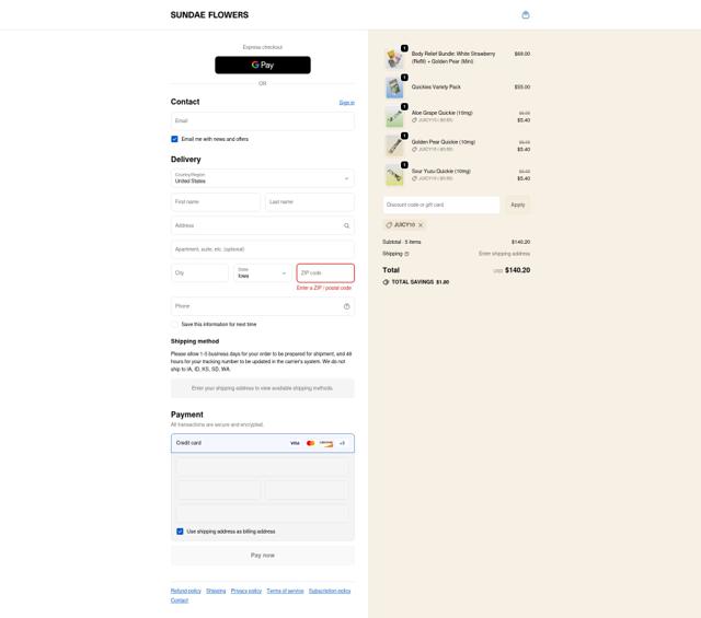 Sundae Flowers checkout page showing Sundae Flowers discount code box | Screenshot taken by SimplyCodes community member on Sep 23, 2025