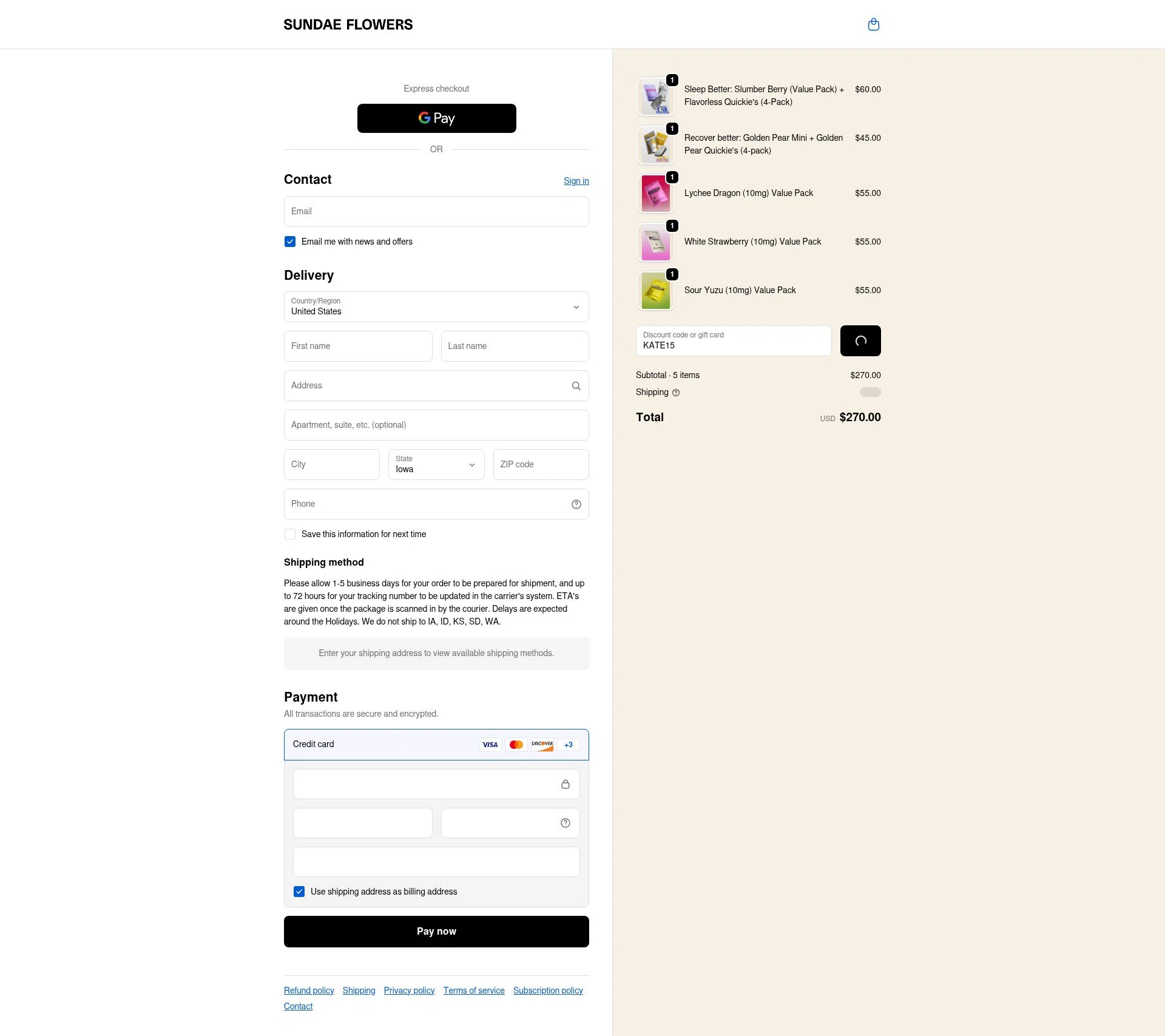 Sundae Flowers checkout page showing Sundae Flowers discount code box | Screenshot taken by SimplyCodes community member on Jan 19, 2026