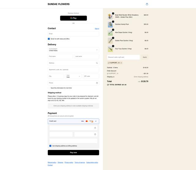 Sundae Flowers checkout page showing Sundae Flowers discount code box | Screenshot taken by SimplyCodes community member on Sep 18, 2025