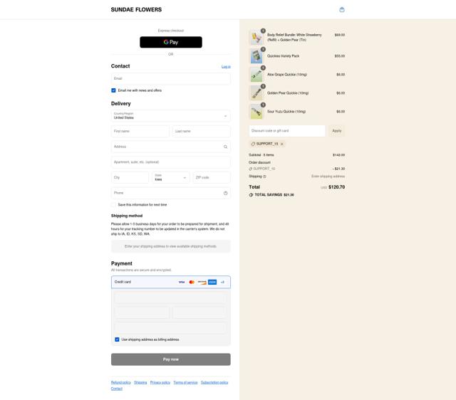 Sundae Flowers checkout page showing Sundae Flowers discount code box | Screenshot taken by SimplyCodes community member on Sep 2, 2025