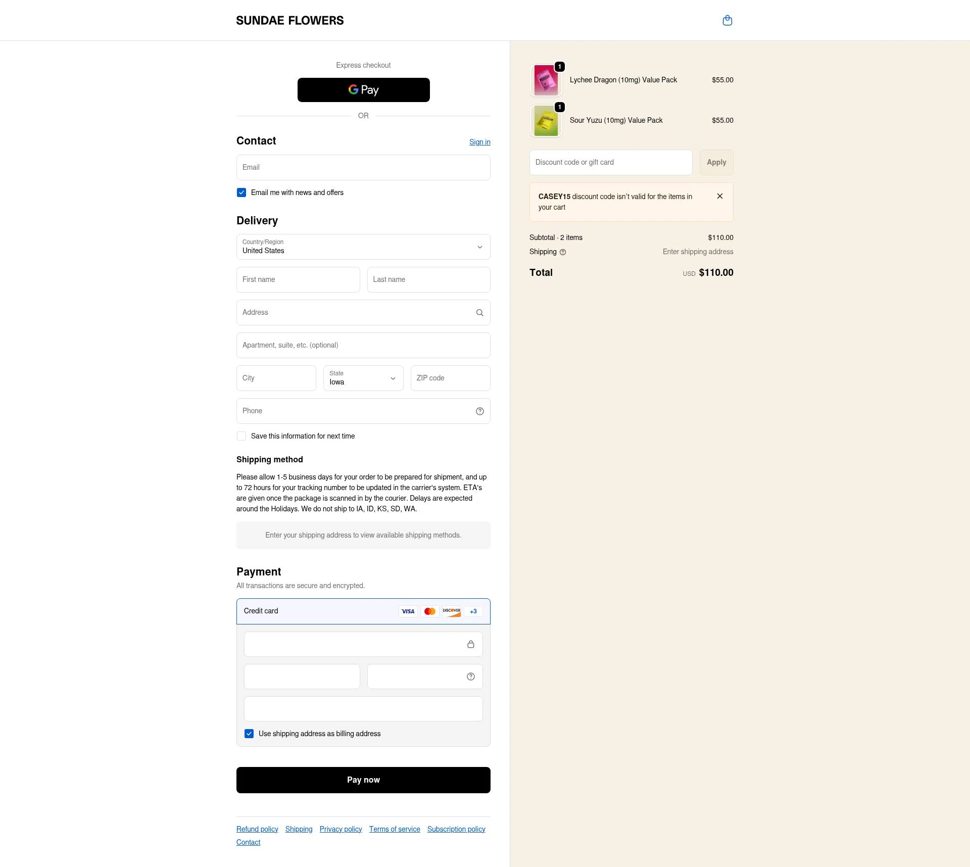 Sundae Flowers checkout page showing Sundae Flowers discount code box | Screenshot taken by SimplyCodes community member on Feb 11, 2026