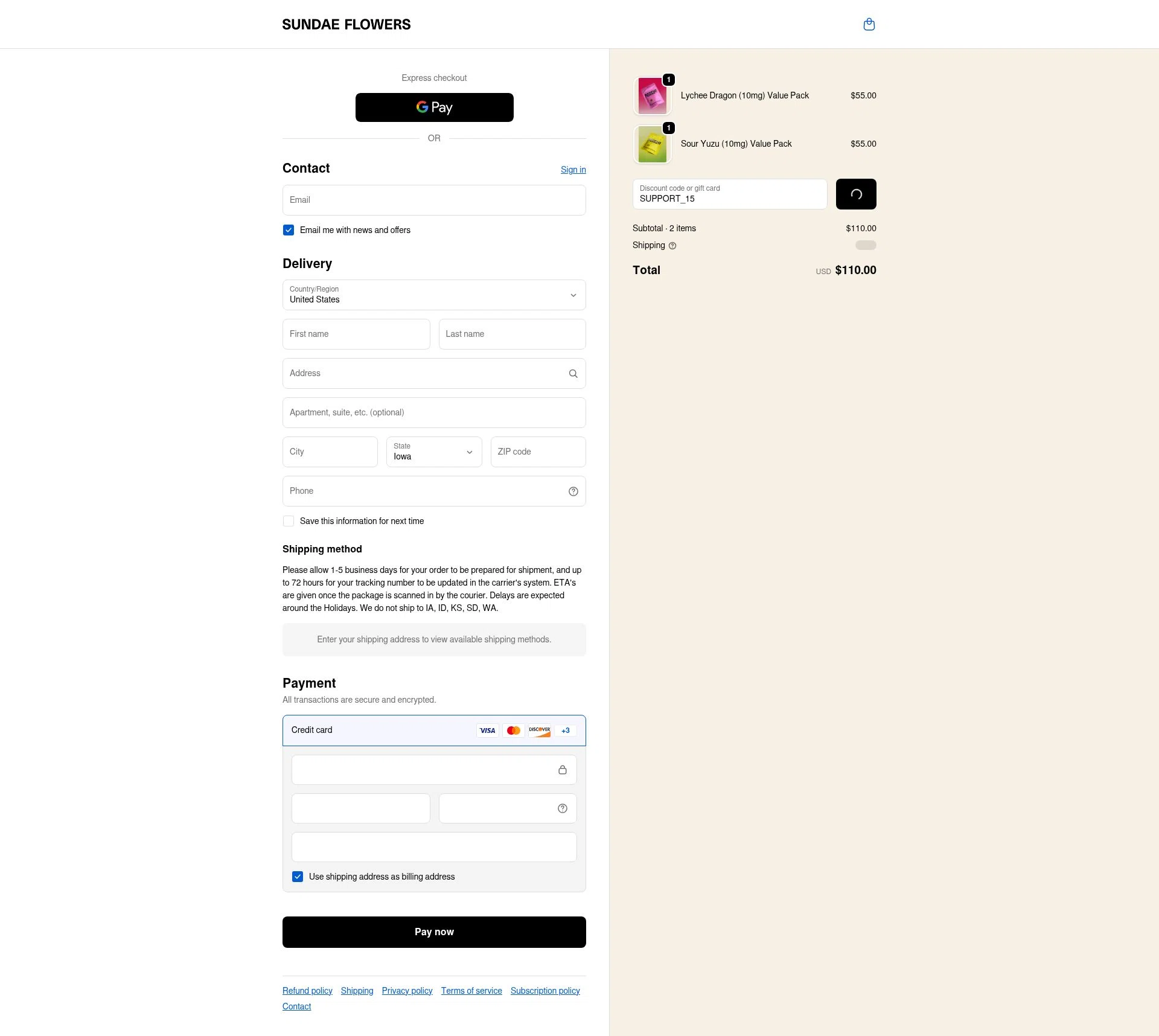 Sundae Flowers checkout page showing Sundae Flowers discount code box | Screenshot taken by SimplyCodes community member on Feb 11, 2026