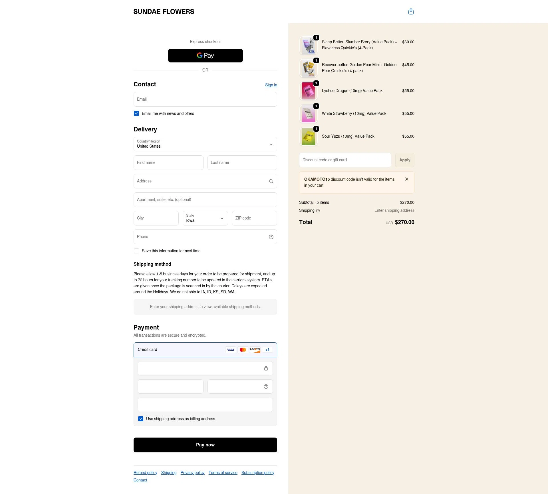 Sundae Flowers checkout page showing Sundae Flowers discount code box | Screenshot taken by SimplyCodes community member on Jan 23, 2026