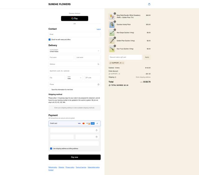 Sundae Flowers checkout page showing Sundae Flowers discount code box | Screenshot taken by SimplyCodes community member on Aug 28, 2025