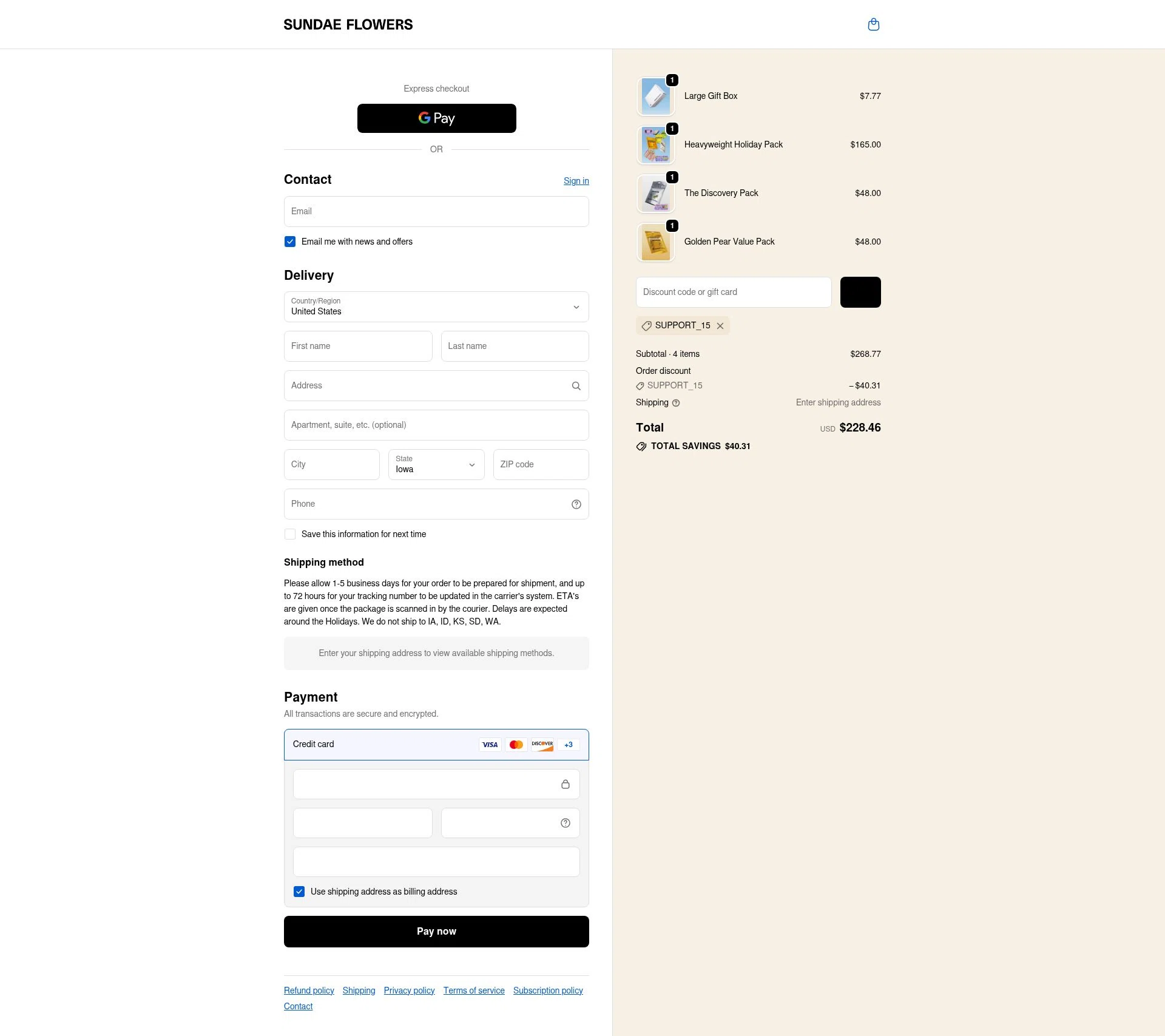 Sundae Flowers checkout page showing Sundae Flowers discount code box | Screenshot taken by SimplyCodes community member on Dec 25, 2025
