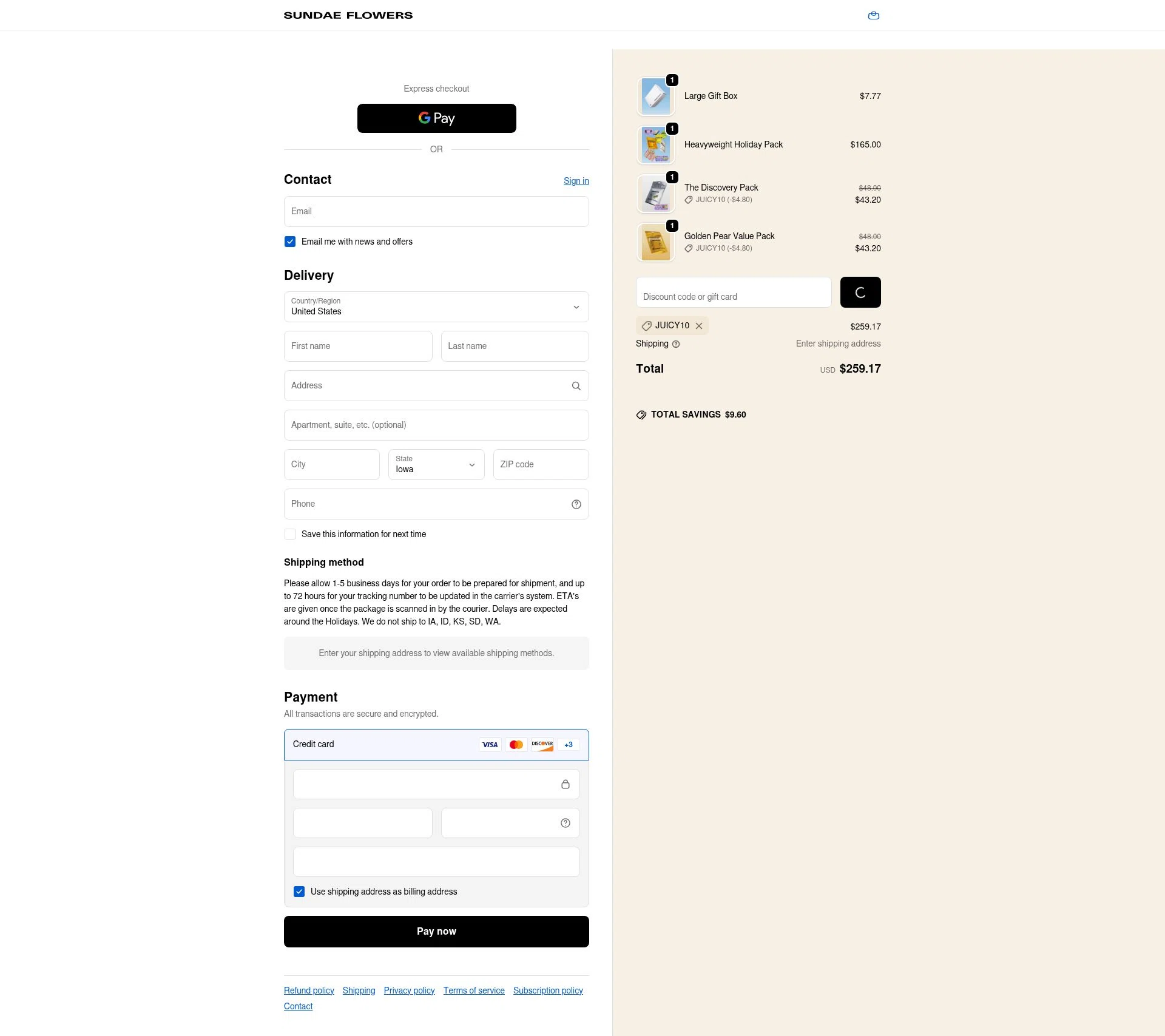 Sundae Flowers checkout page showing Sundae Flowers discount code box | Screenshot taken by SimplyCodes community member on Dec 20, 2025