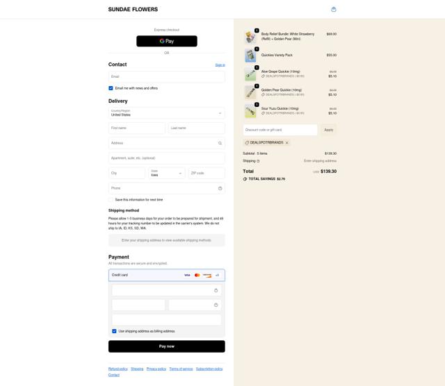Sundae Flowers checkout page showing Sundae Flowers discount code box | Screenshot taken by SimplyCodes community member on Sep 18, 2025