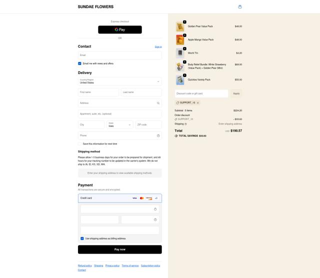 Sundae Flowers checkout page showing Sundae Flowers discount code box | Screenshot taken by SimplyCodes community member on Oct 1, 2025