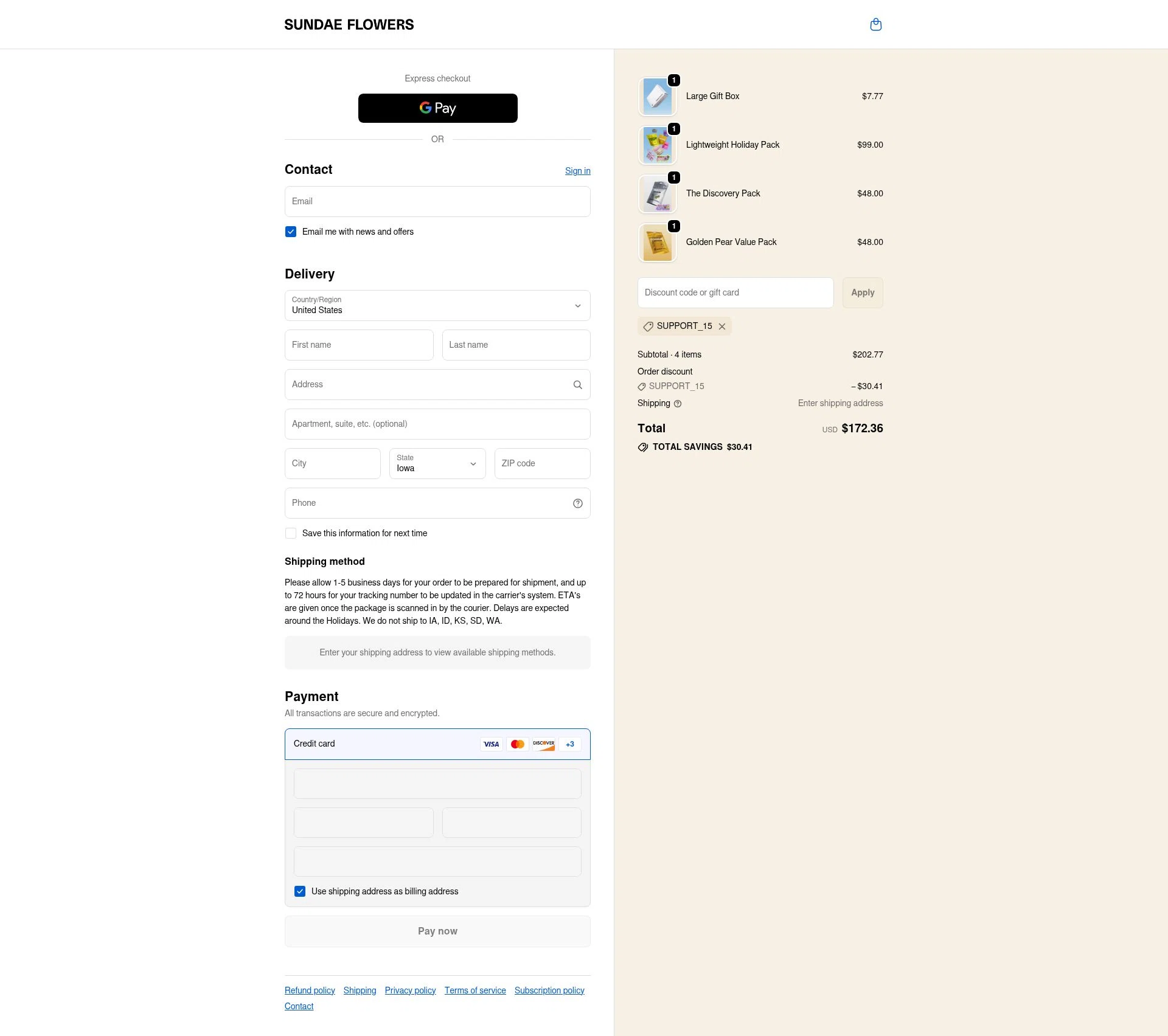 Sundae Flowers checkout page showing Sundae Flowers discount code box | Screenshot taken by SimplyCodes community member on Dec 13, 2025