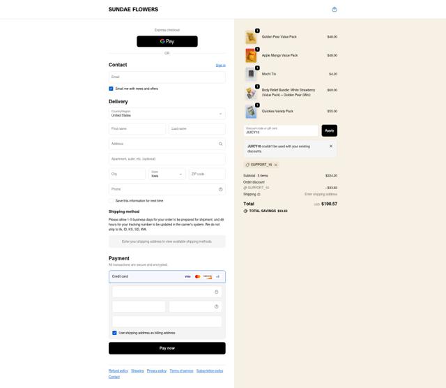 Sundae Flowers checkout page showing Sundae Flowers discount code box | Screenshot taken by SimplyCodes community member on Oct 1, 2025