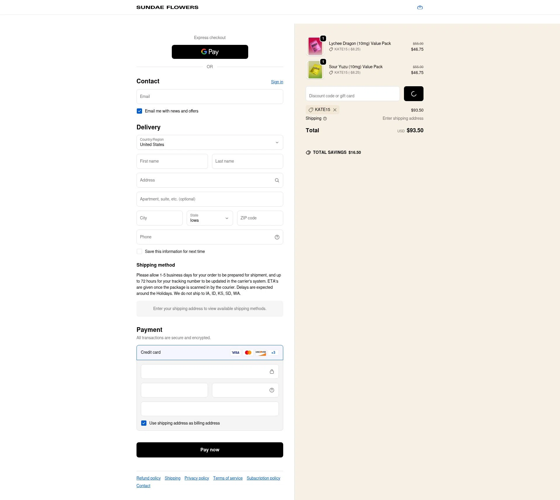 Sundae Flowers checkout page showing Sundae Flowers discount code box | Screenshot taken by SimplyCodes community member on Feb 11, 2026