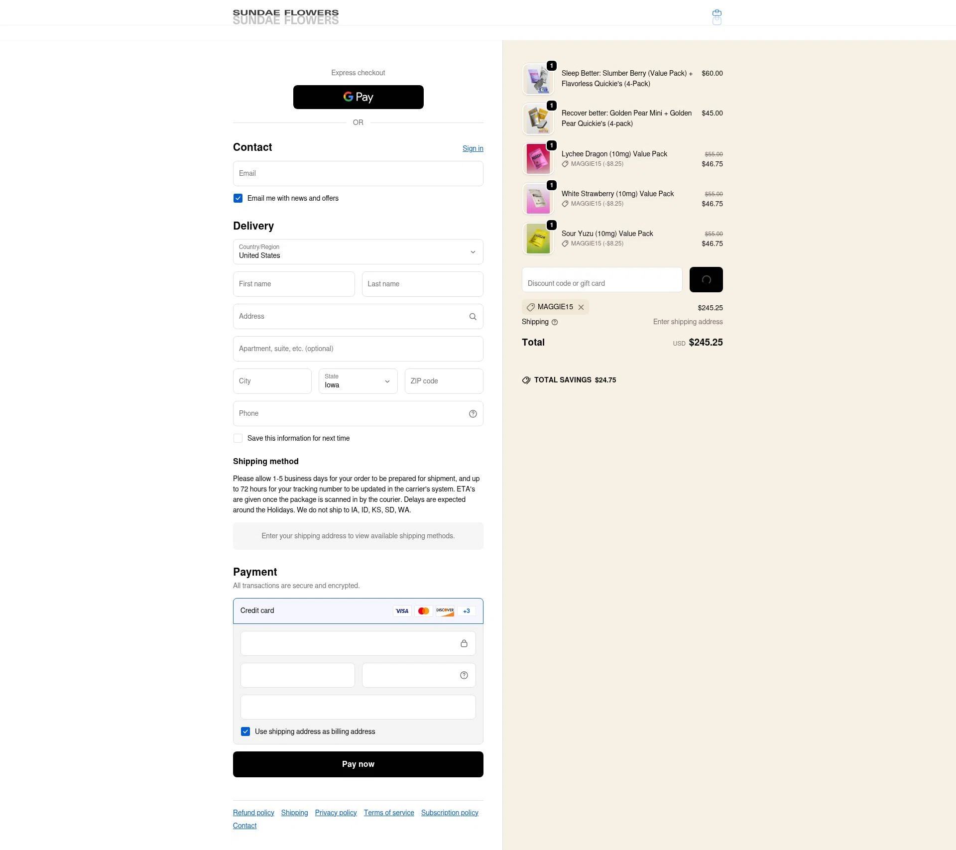 Sundae Flowers checkout page showing Sundae Flowers discount code box | Screenshot taken by SimplyCodes community member on Jan 19, 2026