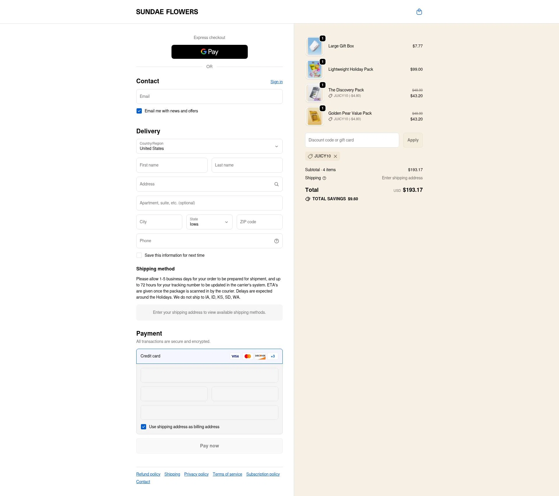 Sundae Flowers checkout page showing Sundae Flowers discount code box | Screenshot taken by SimplyCodes community member on Dec 13, 2025