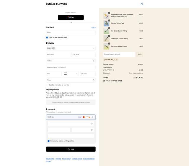 Sundae Flowers checkout page showing Sundae Flowers discount code box | Screenshot taken by SimplyCodes community member on Sep 10, 2025