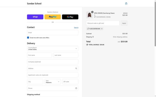 Sundae School checkout page showing Sundae School promo code box | Screenshot taken by SimplyCodes community member on Sep 12, 2025
