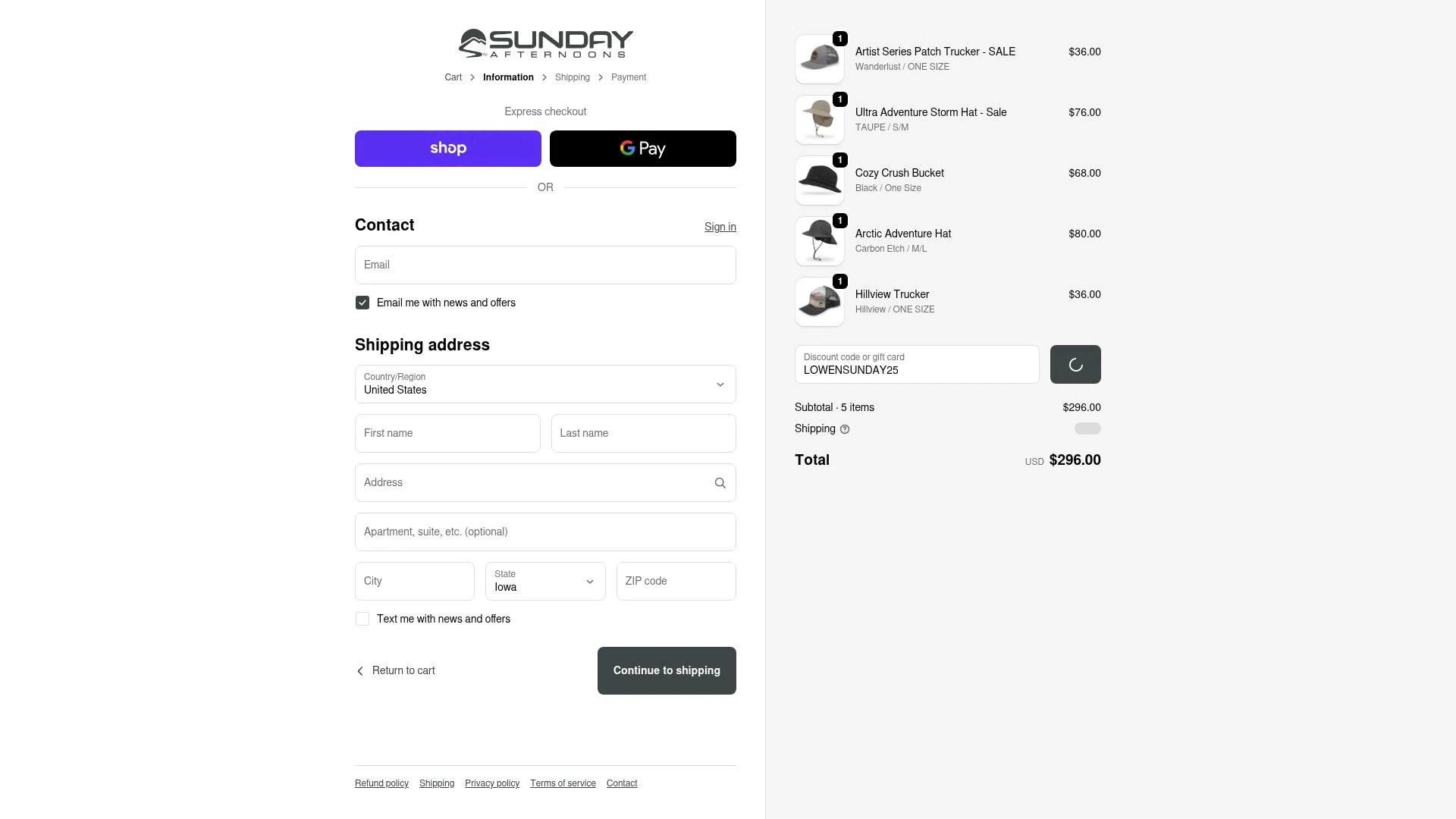 Sunday Afternoons checkout page showing Sunday Afternoons promo code box | Screenshot taken by SimplyCodes community member on Feb 14, 2026