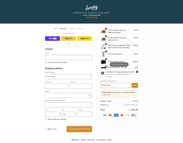 Sunday Golf checkout page showing Sunday Golf discount code box | Screenshot taken by SimplyCodes community member on Aug 24, 2025