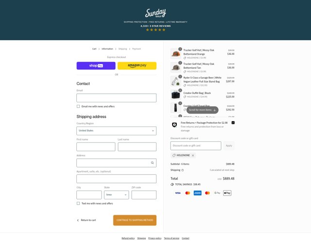 Sunday Golf checkout page showing Sunday Golf discount code box | Screenshot taken by SimplyCodes community member on Aug 28, 2025