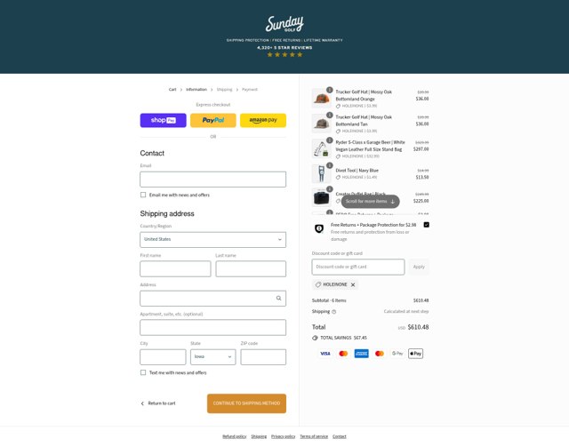 Sunday Golf checkout page showing Sunday Golf discount code box | Screenshot taken by SimplyCodes community member on Aug 24, 2025