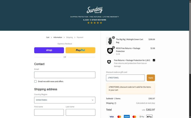 Sunday Golf checkout page showing Sunday Golf discount code box | Screenshot taken by SimplyCodes community member on Sep 5, 2025