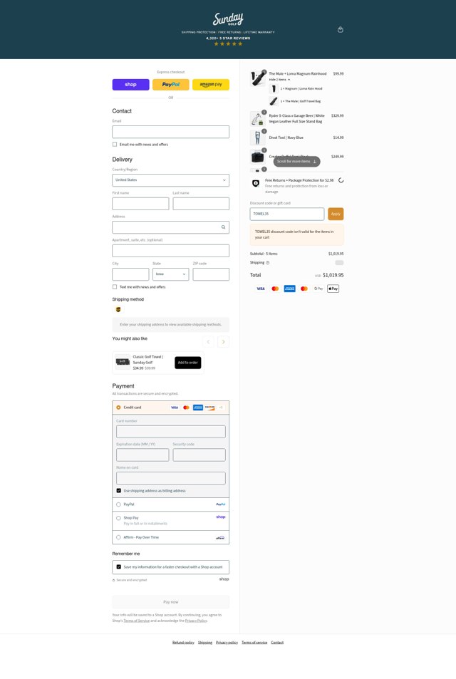 Sunday Golf checkout page showing Sunday Golf discount code box | Screenshot taken by SimplyCodes community member on Sep 5, 2025