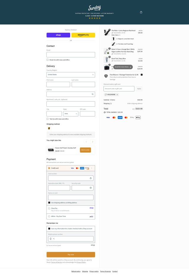 Sunday Golf checkout page showing Sunday Golf discount code box | Screenshot taken by SimplyCodes community member on Sep 1, 2025