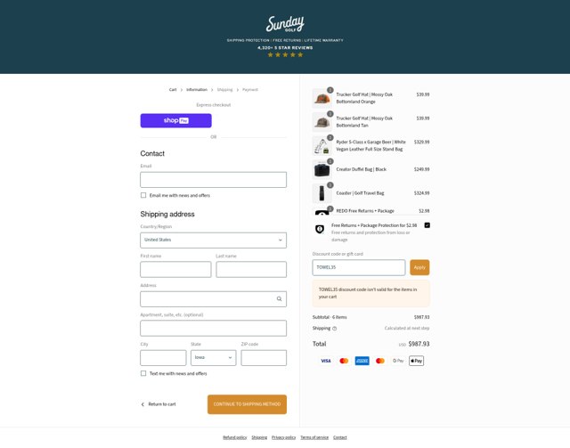 Sunday Golf checkout page showing Sunday Golf discount code box | Screenshot taken by SimplyCodes community member on Aug 28, 2025