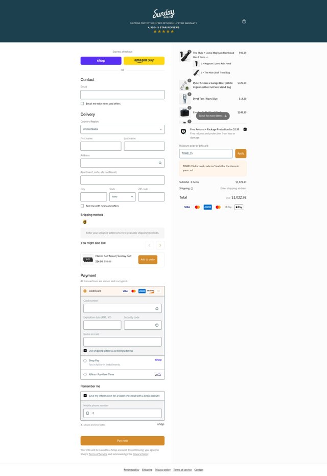 Sunday Golf checkout page showing Sunday Golf discount code box | Screenshot taken by SimplyCodes community member on Sep 1, 2025