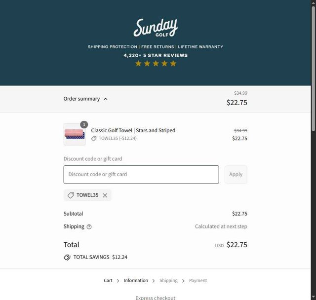 Sunday Golf checkout page showing Sunday Golf discount code box | Screenshot taken by SimplyCodes community member on Aug 26, 2025
