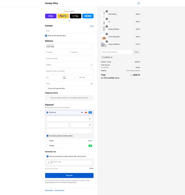 Sunday Riley checkout page showing Sunday Riley discount code box | Screenshot taken by SimplyCodes community member on Sep 8, 2025