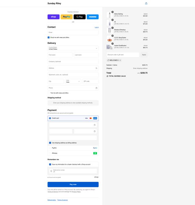 Sunday Riley checkout page showing Sunday Riley discount code box | Screenshot taken by SimplyCodes community member on Sep 8, 2025