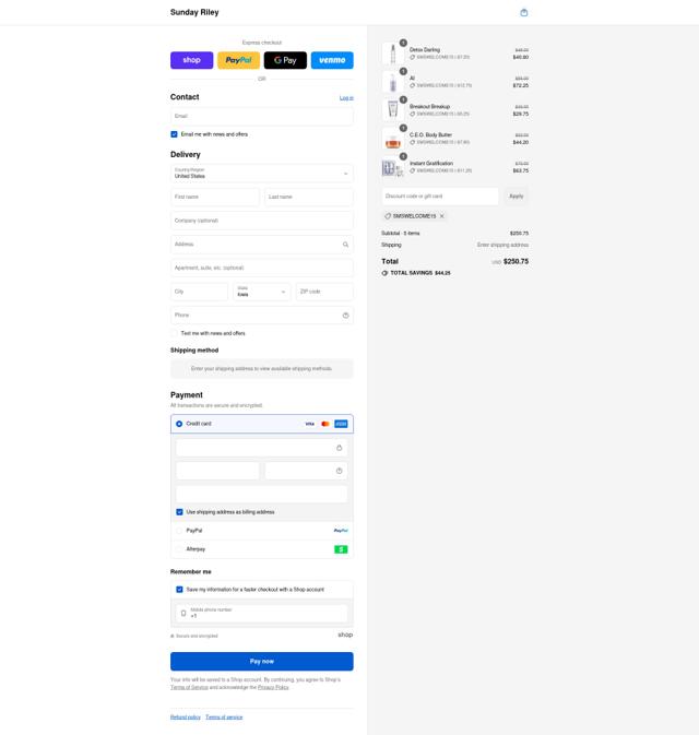 Sunday Riley checkout page showing Sunday Riley discount code box | Screenshot taken by SimplyCodes community member on Sep 8, 2025