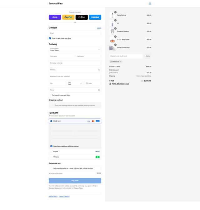 Sunday Riley checkout page showing Sunday Riley discount code box | Screenshot taken by SimplyCodes community member on Sep 8, 2025