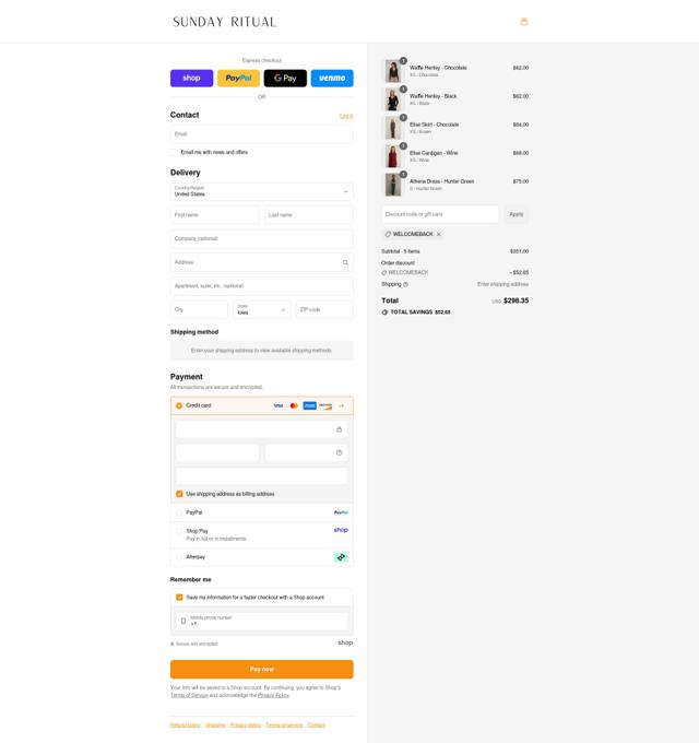 Sunday Ritual checkout page showing Sunday Ritual discount code box | Screenshot taken by SimplyCodes community member on Sep 6, 2025